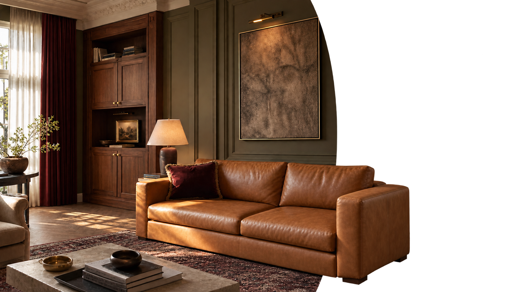 Sfeervol interieur met warme houttinten, een cognackleurige bank en zachte verlichting