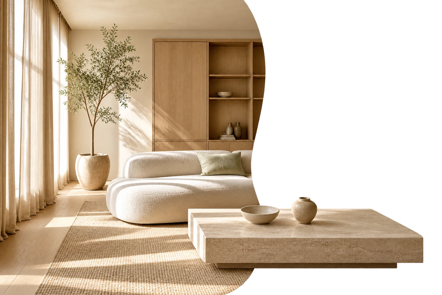 Warm interieur met een meubel dat buiten de fotorand doorloopt